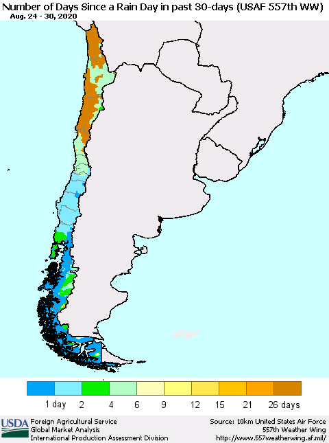 Chile Number of Days Since a Rain Day in past 30 days (USAF 557th WW) Thematic Map For 8/24/2020 - 8/30/2020