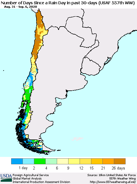 Chile Number of Days Since a Rain Day in past 30 days (USAF 557th WW) Thematic Map For 8/31/2020 - 9/6/2020
