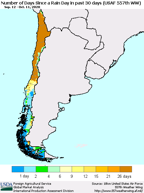 Chile Number of Days Since a Rain Day in past 30 days (USAF 557th WW) Thematic Map For 10/5/2020 - 10/11/2020
