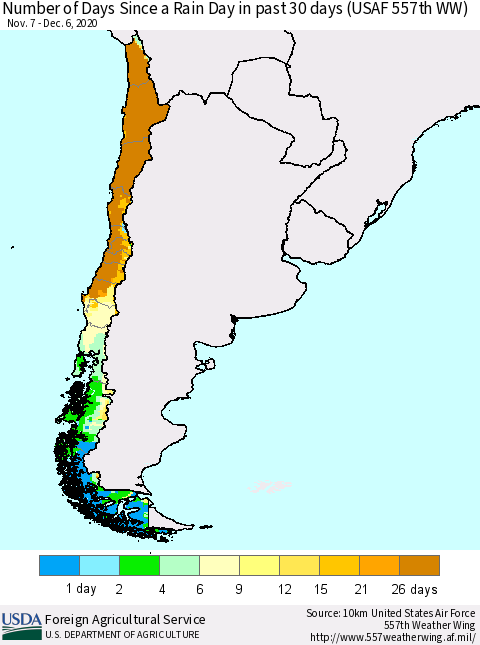 Chile Number of Days Since a Rain Day in past 30 days (USAF 557th WW) Thematic Map For 11/30/2020 - 12/6/2020