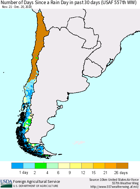 Chile Number of Days Since a Rain Day in past 30 days (USAF 557th WW) Thematic Map For 12/14/2020 - 12/20/2020