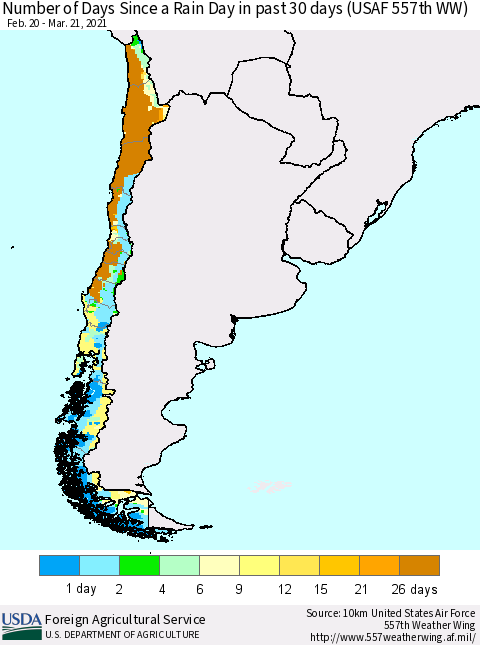 Chile Number of Days Since a Rain Day in past 30 days (USAF 557th WW) Thematic Map For 3/15/2021 - 3/21/2021