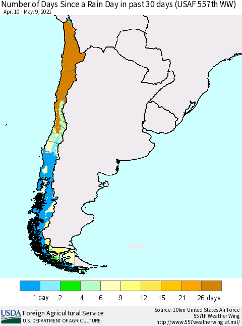 Chile Number of Days Since a Rain Day in past 30 days (USAF 557th WW) Thematic Map For 5/3/2021 - 5/9/2021