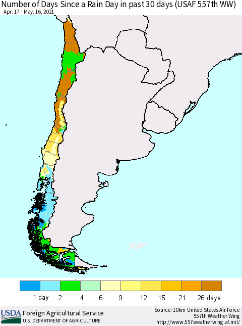 Chile Number of Days Since a Rain Day in past 30 days (USAF 557th WW) Thematic Map For 5/10/2021 - 5/16/2021