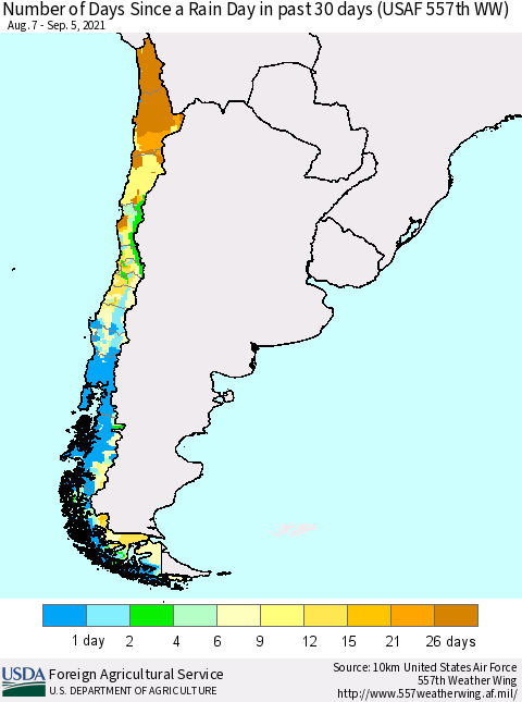 Chile Number of Days Since a Rain Day in past 30 days (USAF 557th WW) Thematic Map For 8/30/2021 - 9/5/2021