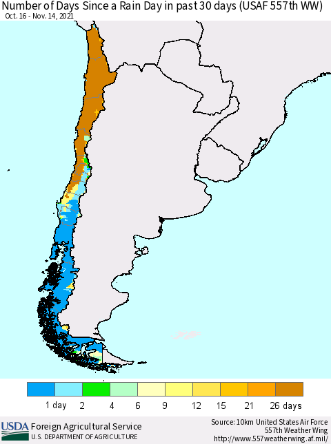 Chile Number of Days Since a Rain Day in past 30 days (USAF 557th WW) Thematic Map For 11/8/2021 - 11/14/2021