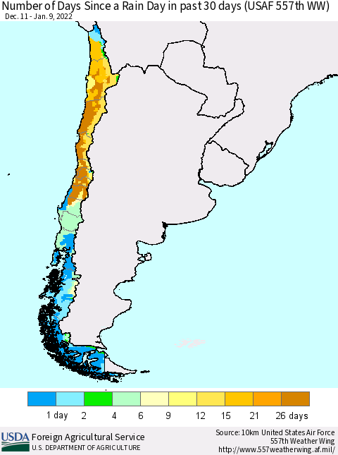 Chile Number of Days Since a Rain Day in past 30 days (USAF 557th WW) Thematic Map For 1/3/2022 - 1/9/2022