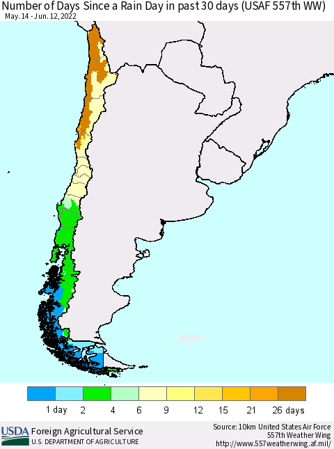 Chile Number of Days Since a Rain Day in past 30 days (USAF 557th WW) Thematic Map For 6/6/2022 - 6/12/2022