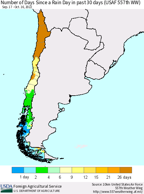 Chile Number of Days Since a Rain Day in past 30 days (USAF 557th WW) Thematic Map For 10/10/2022 - 10/16/2022