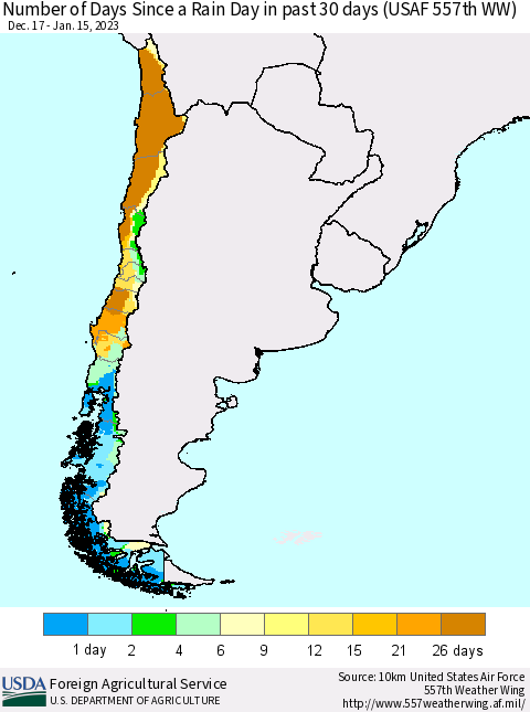 Chile Number of Days Since a Rain Day in past 30 days (USAF 557th WW) Thematic Map For 1/9/2023 - 1/15/2023