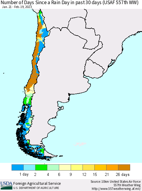Chile Number of Days Since a Rain Day in past 30 days (USAF 557th WW) Thematic Map For 2/13/2023 - 2/19/2023