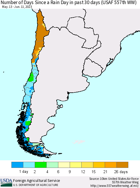 Chile Number of Days Since a Rain Day in past 30 days (USAF 557th WW) Thematic Map For 6/5/2023 - 6/11/2023