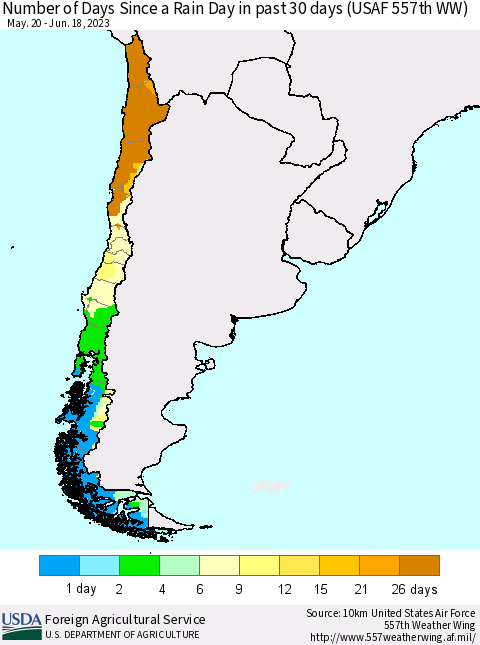 Chile Number of Days Since a Rain Day in past 30 days (USAF 557th WW) Thematic Map For 6/12/2023 - 6/18/2023