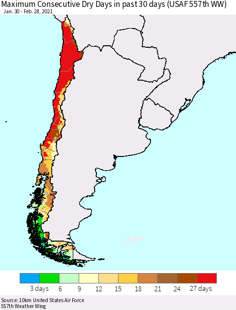 Chile Maximum Consecutive Dry Days in past 30 days (USAF 557th WW) 02/28/2021 Thematic Map For 2/26/2021 - 2/28/2021