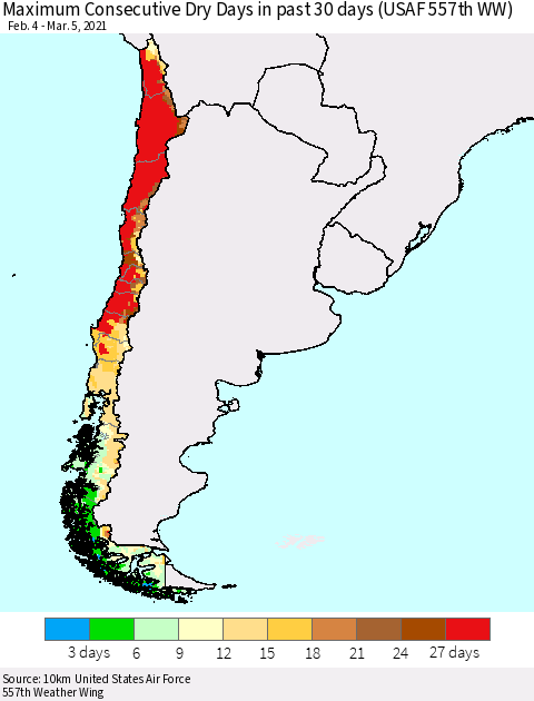 Chile Maximum Consecutive Dry Days in past 30 days (USAF 557th WW) 03/05/2021 Thematic Map For 3/1/2021 - 3/5/2021