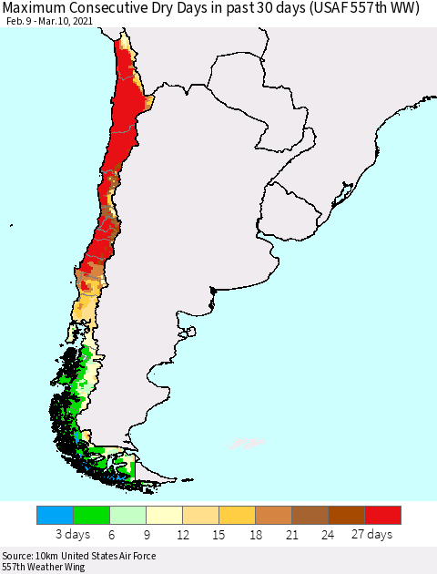Chile Maximum Consecutive Dry Days in past 30 days (USAF 557th WW) 03/10/2021 Thematic Map For 3/6/2021 - 3/10/2021