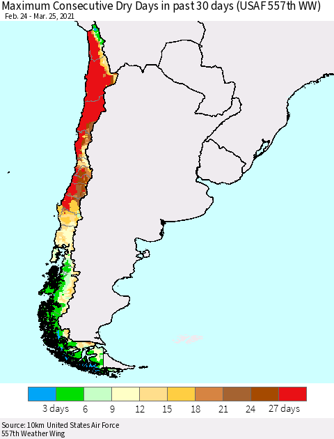 Chile Maximum Consecutive Dry Days in past 30 days (USAF 557th WW) 03/25/2021 Thematic Map For 3/21/2021 - 3/25/2021