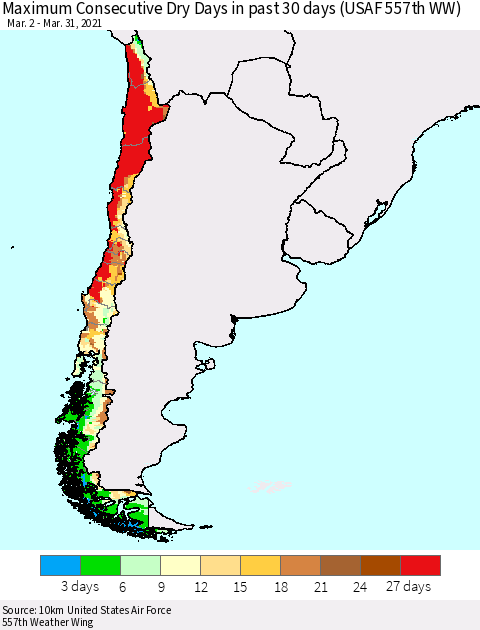Chile Maximum Consecutive Dry Days in past 30 days (USAF 557th WW) 03/31/2021 Thematic Map For 3/26/2021 - 3/31/2021