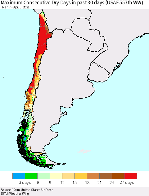 Chile Maximum Consecutive Dry Days in past 30 days (USAF 557th WW) 04/05/2021 Thematic Map For 4/1/2021 - 4/5/2021