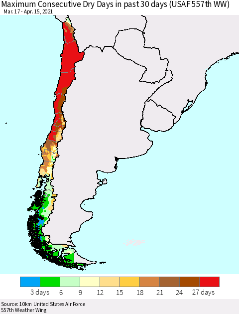 Chile Maximum Consecutive Dry Days in past 30 days (USAF 557th WW) 04/15/2021 Thematic Map For 4/11/2021 - 4/15/2021