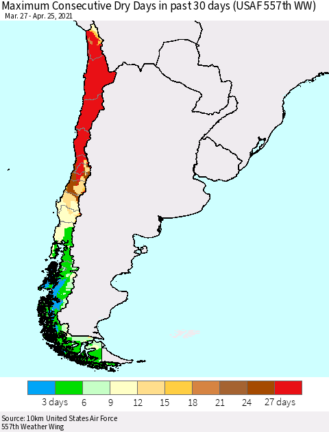 Chile Maximum Consecutive Dry Days in past 30 days (USAF 557th WW) 04/25/2021 Thematic Map For 4/21/2021 - 4/25/2021