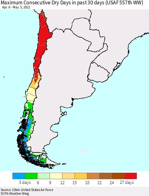 Chile Maximum Consecutive Dry Days in past 30 days (USAF 557th WW) 05/05/2021 Thematic Map For 5/1/2021 - 5/5/2021