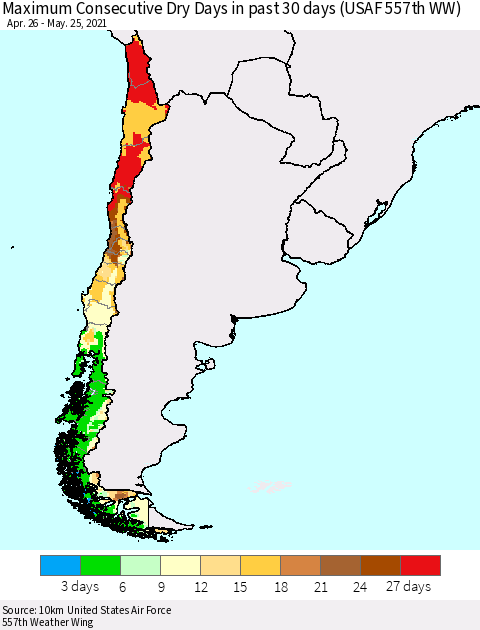 Chile Maximum Consecutive Dry Days in past 30 days (USAF 557th WW) 05/25/2021 Thematic Map For 5/21/2021 - 5/25/2021