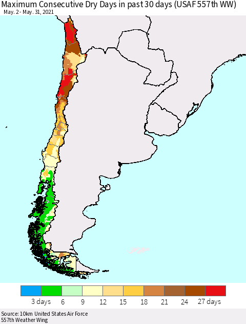 Chile Maximum Consecutive Dry Days in past 30 days (USAF 557th WW) 05/31/2021 Thematic Map For 5/26/2021 - 5/31/2021