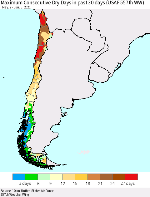 Chile Maximum Consecutive Dry Days in past 30 days (USAF 557th WW) 06/05/2021 Thematic Map For 6/1/2021 - 6/5/2021