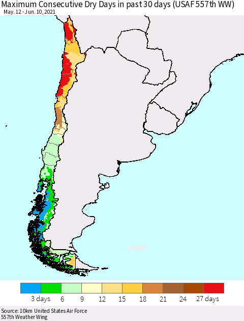 Chile Maximum Consecutive Dry Days in past 30 days (USAF 557th WW) 06/10/2021 Thematic Map For 6/6/2021 - 6/10/2021