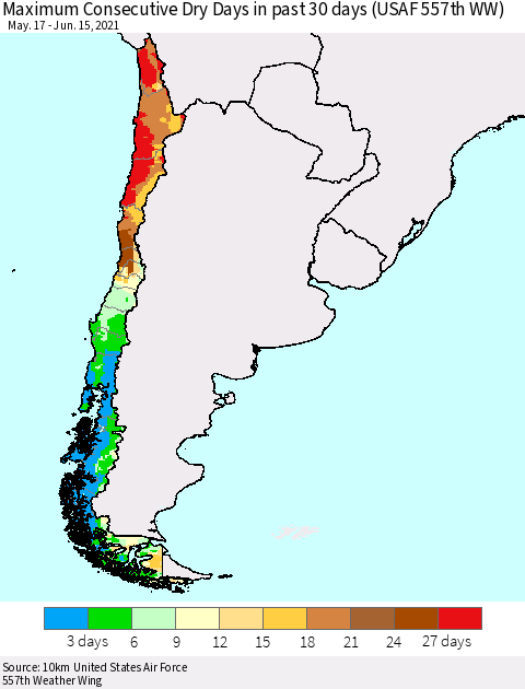 Chile Maximum Consecutive Dry Days in past 30 days (USAF 557th WW) 06/15/2021 Thematic Map For 6/11/2021 - 6/15/2021