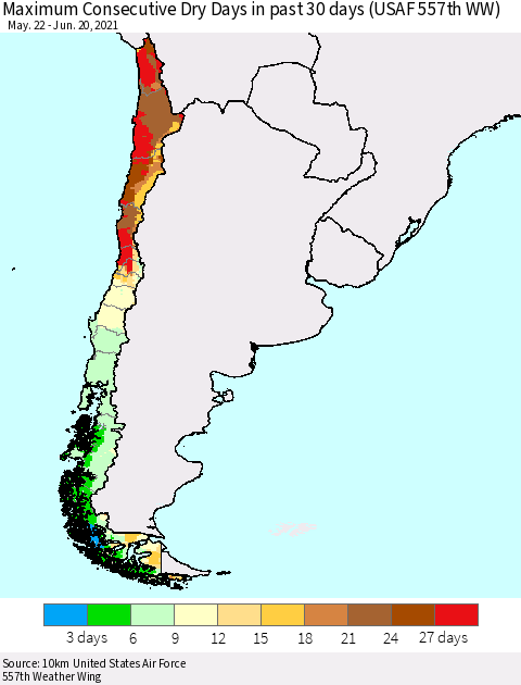 Chile Maximum Consecutive Dry Days in past 30 days (USAF 557th WW) 06/20/2021 Thematic Map For 6/16/2021 - 6/20/2021
