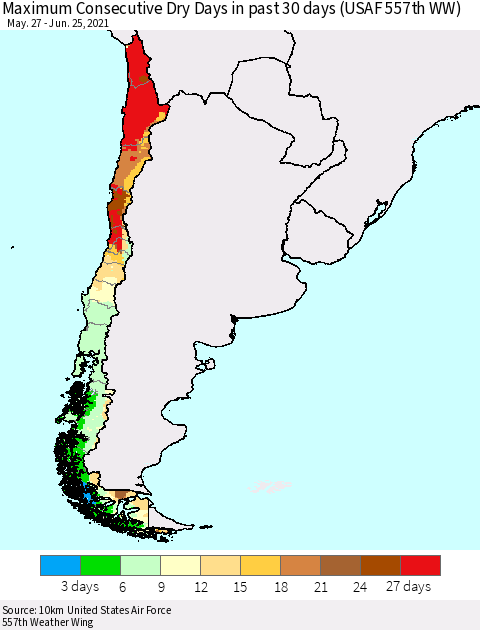 Chile Maximum Consecutive Dry Days in past 30 days (USAF 557th WW) 06/25/2021 Thematic Map For 6/21/2021 - 6/25/2021