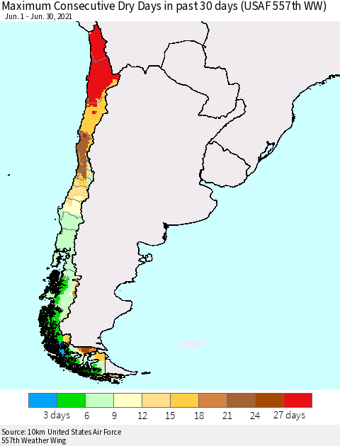 Chile Maximum Consecutive Dry Days in past 30 days (USAF 557th WW) 06/30/2021 Thematic Map For 6/26/2021 - 6/30/2021