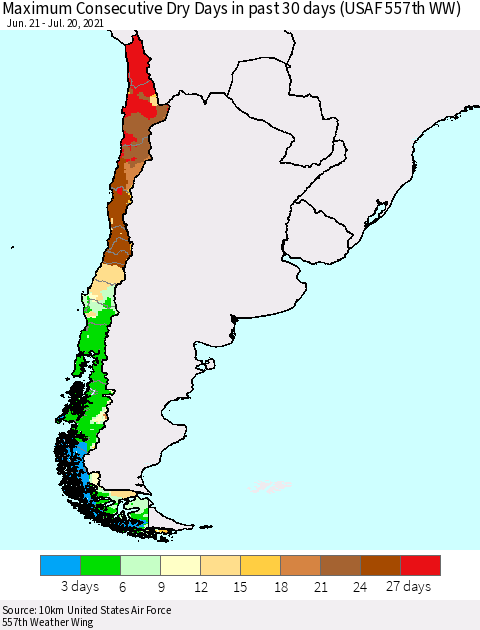 Chile Maximum Consecutive Dry Days in past 30 days (USAF 557th WW) 07/20/2021 Thematic Map For 7/16/2021 - 7/20/2021