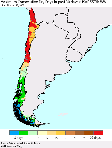 Chile Maximum Consecutive Dry Days in past 30 days (USAF 557th WW) 07/25/2021 Thematic Map For 7/21/2021 - 7/25/2021