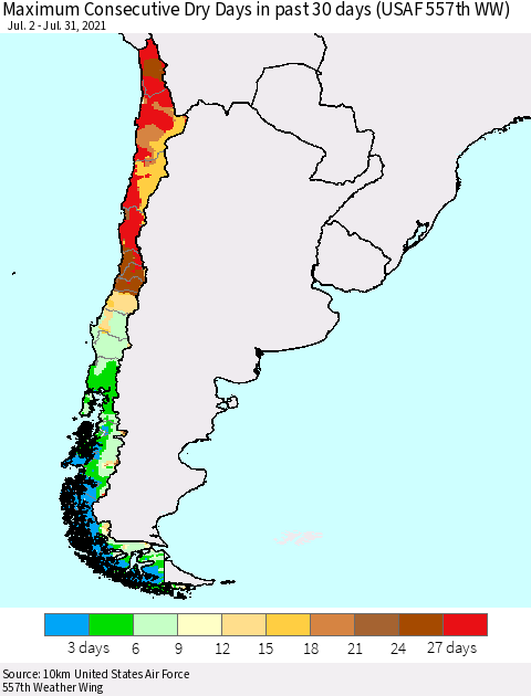 Chile Maximum Consecutive Dry Days in past 30 days (USAF 557th WW) 07/31/2021 Thematic Map For 7/26/2021 - 7/31/2021