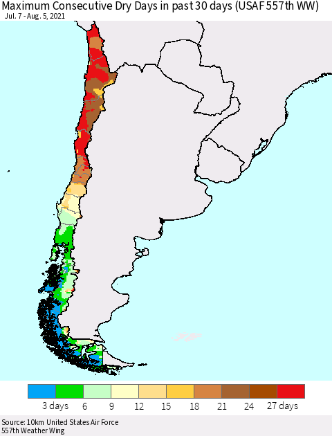 Chile Maximum Consecutive Dry Days in past 30 days (USAF 557th WW) 08/05/2021 Thematic Map For 8/1/2021 - 8/5/2021