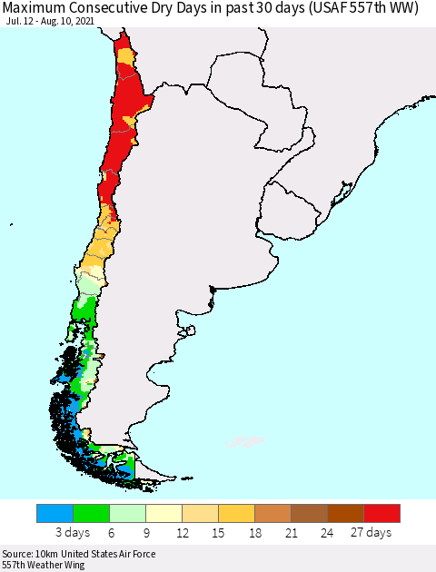 Chile Maximum Consecutive Dry Days in past 30 days (USAF 557th WW) 08/10/2021 Thematic Map For 8/6/2021 - 8/10/2021