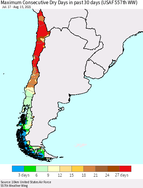 Chile Maximum Consecutive Dry Days in past 30 days (USAF 557th WW) 08/15/2021 Thematic Map For 8/11/2021 - 8/15/2021