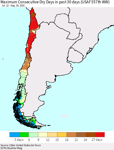 Chile Maximum Consecutive Dry Days in past 30 days (USAF 557th WW) 08/20/2021 Thematic Map For 8/16/2021 - 8/20/2021