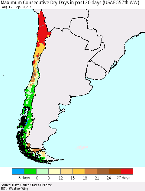 Chile Maximum Consecutive Dry Days in past 30 days (USAF 557th WW) 09/10/2021 Thematic Map For 9/6/2021 - 9/10/2021