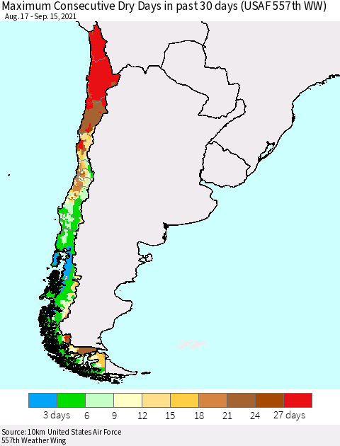 Chile Maximum Consecutive Dry Days in past 30 days (USAF 557th WW) 09/15/2021 Thematic Map For 9/11/2021 - 9/15/2021