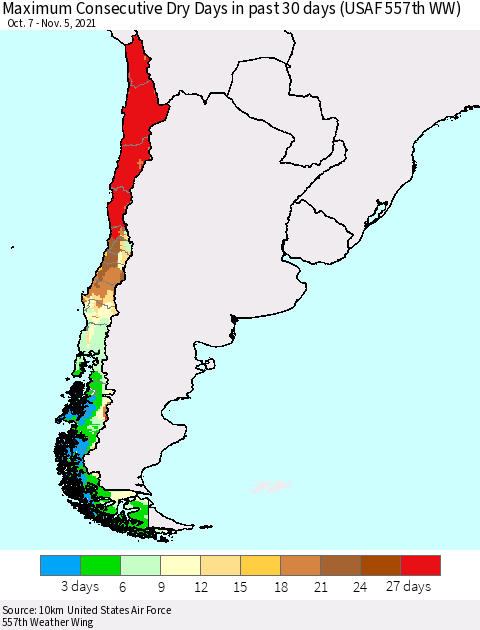 Chile Maximum Consecutive Dry Days in past 30 days (USAF 557th WW) 11/05/2021 Thematic Map For 11/1/2021 - 11/5/2021