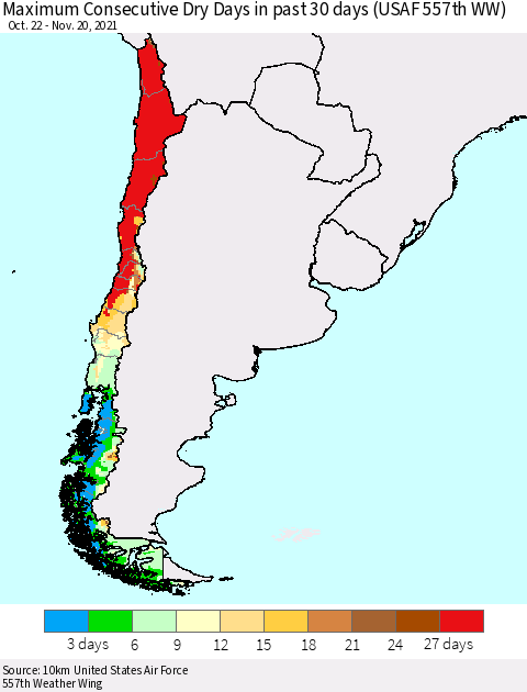 Chile Maximum Consecutive Dry Days in past 30 days (USAF 557th WW) 11/20/2021 Thematic Map For 11/16/2021 - 11/20/2021