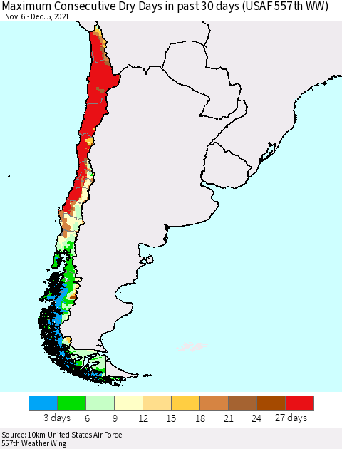 Chile Maximum Consecutive Dry Days in past 30 days (USAF 557th WW) 12/05/2021 Thematic Map For 12/1/2021 - 12/5/2021
