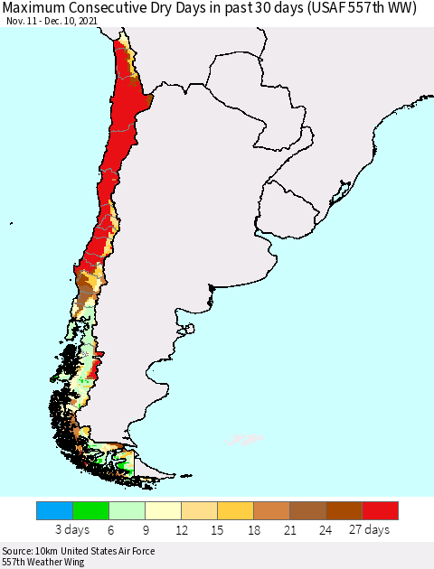 Chile Maximum Consecutive Dry Days in past 30 days (USAF 557th WW) 12/10/2021 Thematic Map For 12/6/2021 - 12/10/2021
