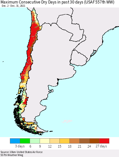 Chile Maximum Consecutive Dry Days in past 30 days (USAF 557th WW) 12/31/2021 Thematic Map For 12/26/2021 - 12/31/2021