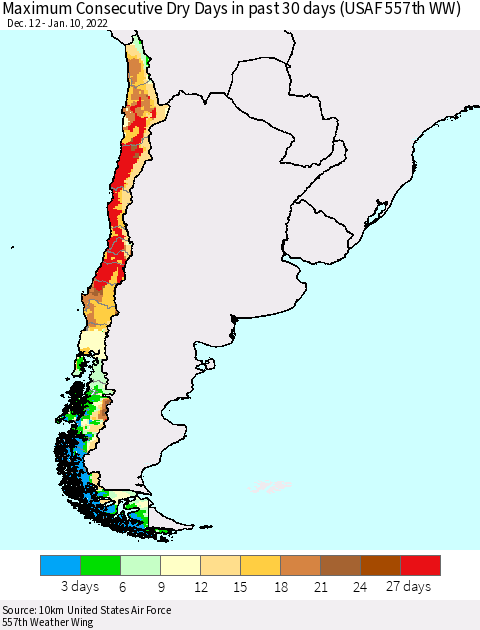 Chile Maximum Consecutive Dry Days in past 30 days (USAF 557th WW) 01/10/2022 Thematic Map For 1/6/2022 - 1/10/2022