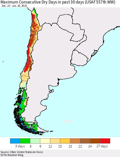 Chile Maximum Consecutive Dry Days in past 30 days (USAF 557th WW) 01/20/2022 Thematic Map For 1/16/2022 - 1/20/2022